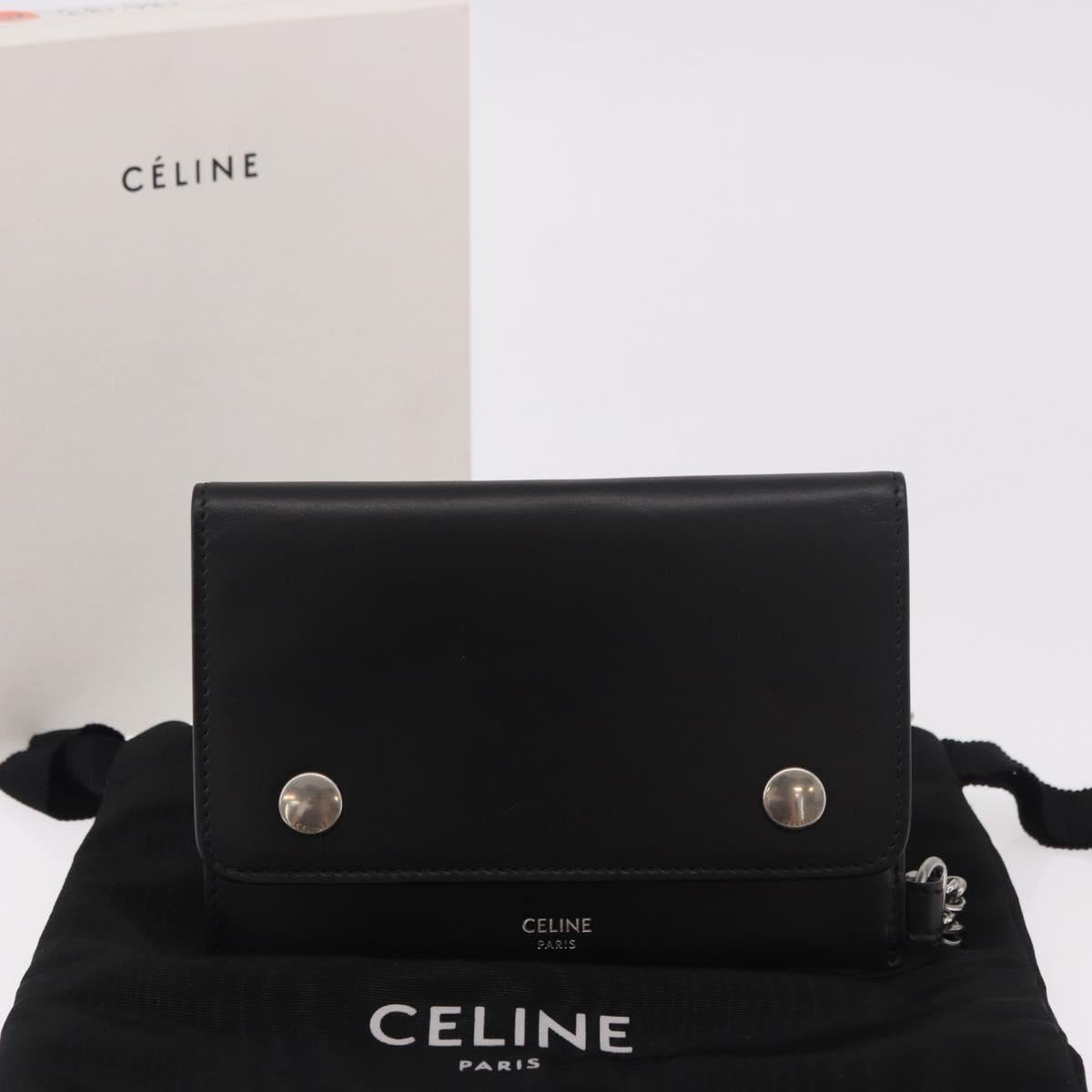 CELINE Chain Wallet Leather Black Silver Auth 186133M