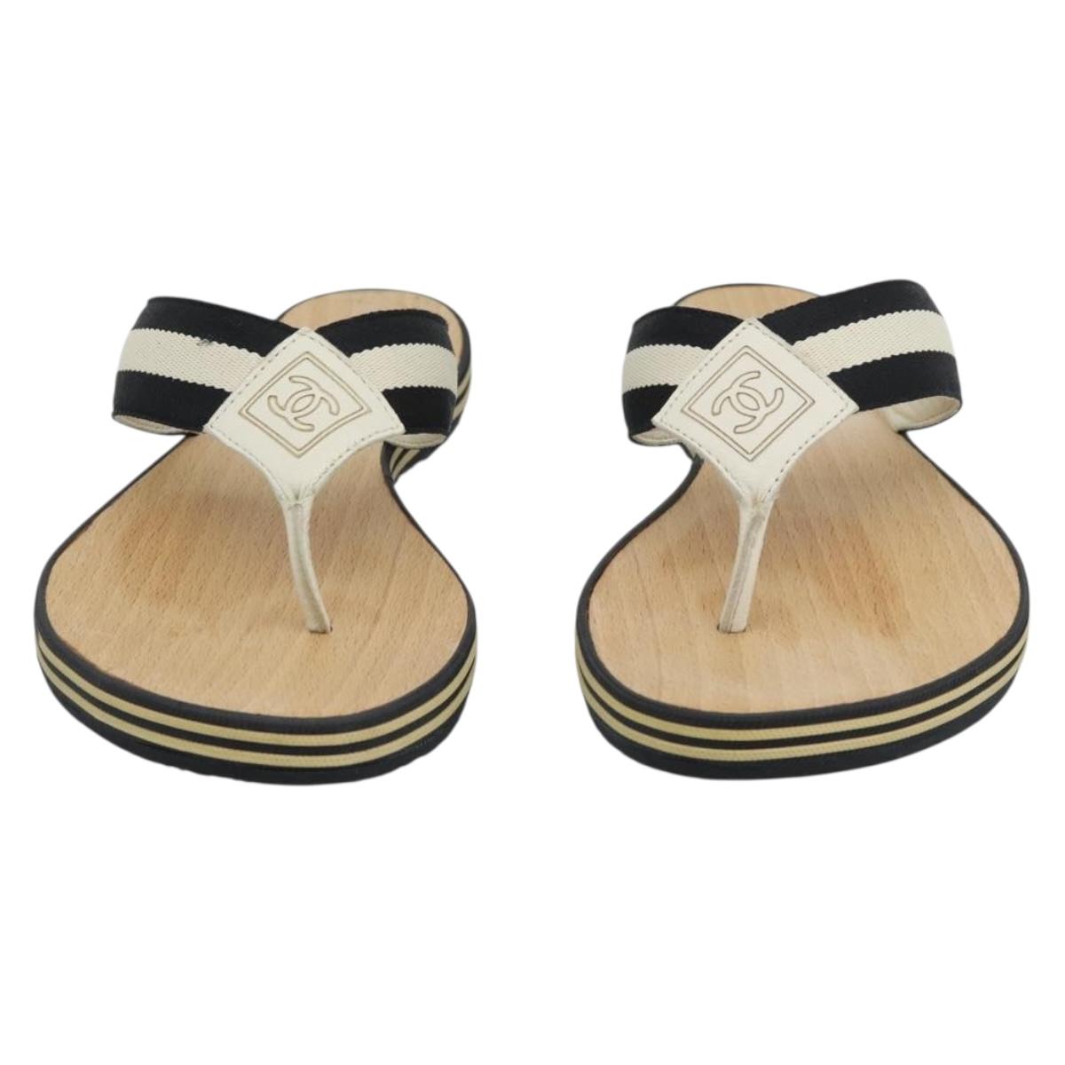 CHANEL COCO Mark Beach Sandals Wood Beige CC Auth 186134M