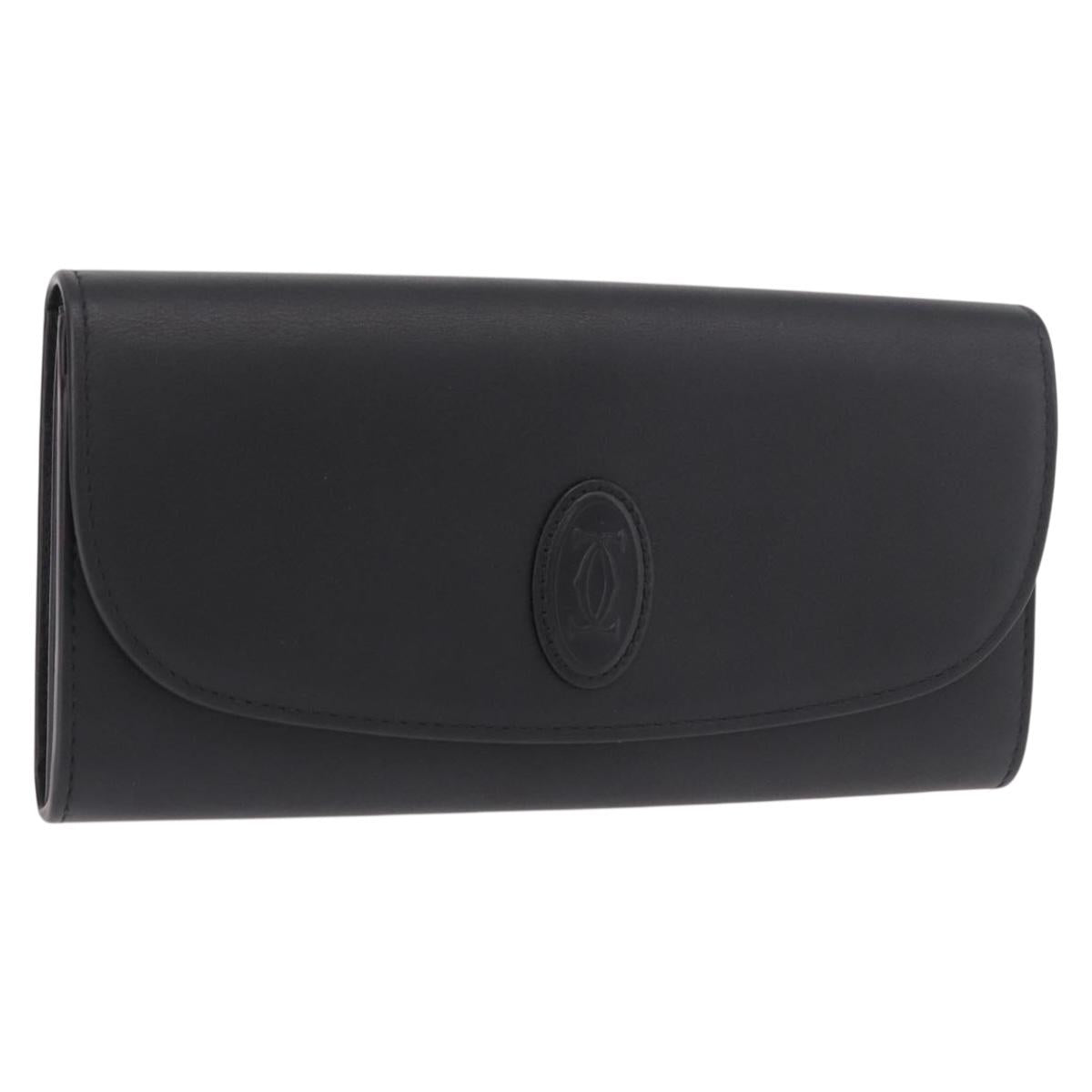 CARTIER Long Wallet Leather Black Gold Auth 186137V