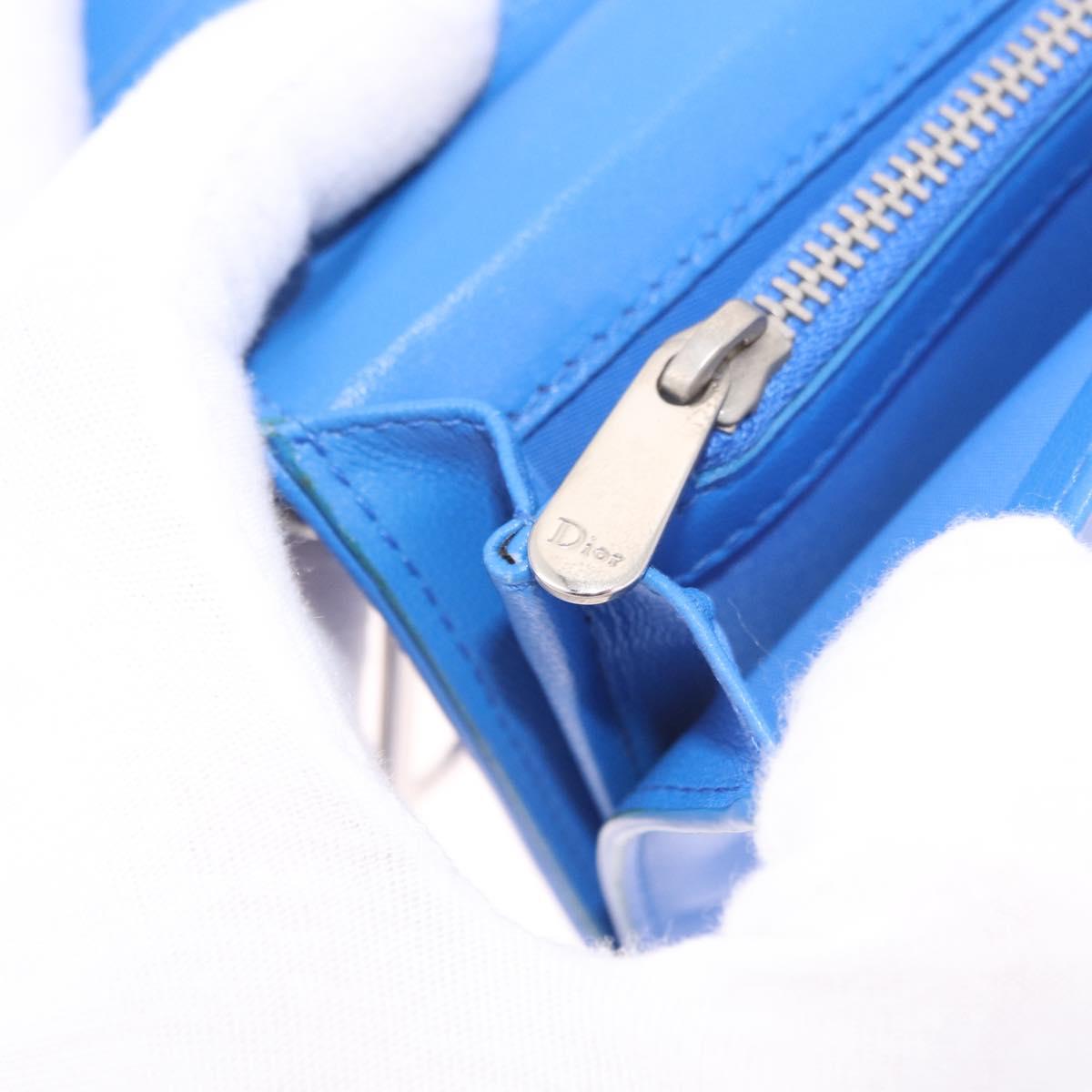 Christian Dior Canage Long Wallet Lamb Skin Blue Silver Auth 186139M