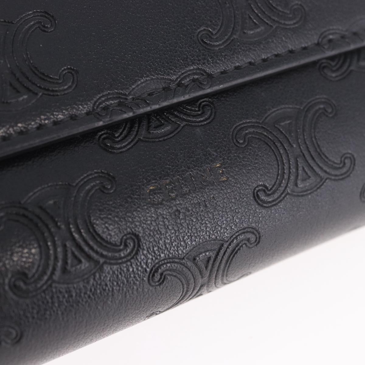 CELINE Triomphe 3 Fold Wallet Leather Black Gold Auth 186148M