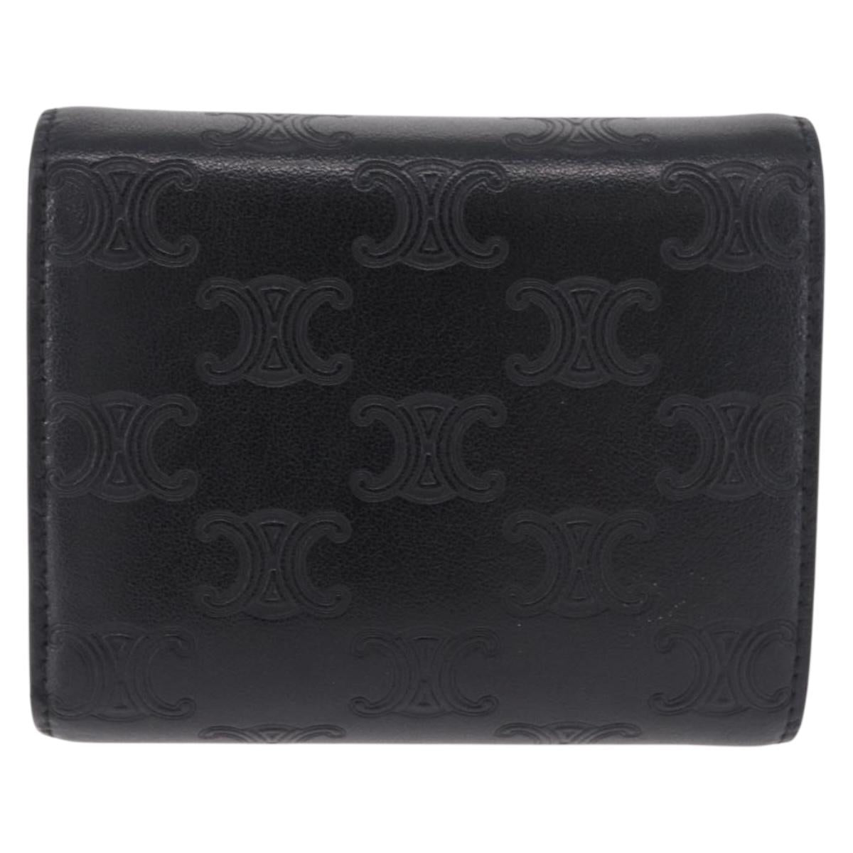 CELINE Triomphe 3 Fold Wallet Leather Black Gold Auth 186148M