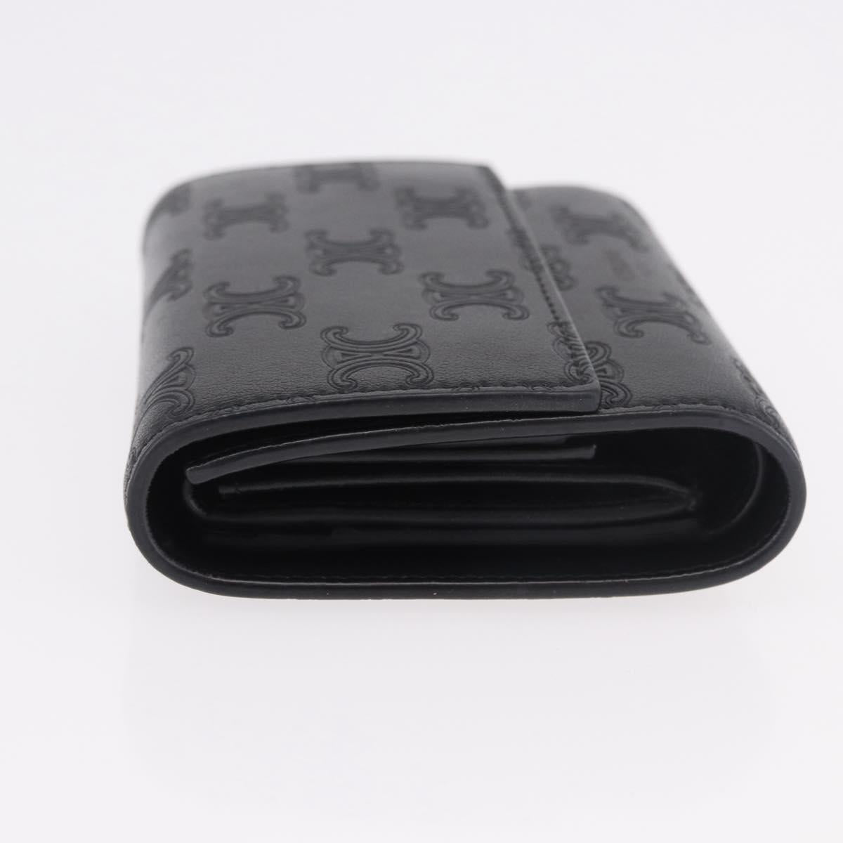 CELINE Triomphe 3 Fold Wallet Leather Black Gold Auth 186148M