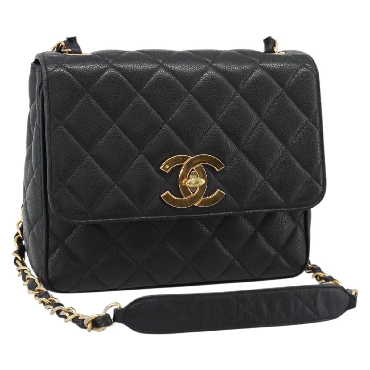 CHANEL Chain Matelasse Shoulder Bag Caviar Skin Black Gold CC Auth 186150V