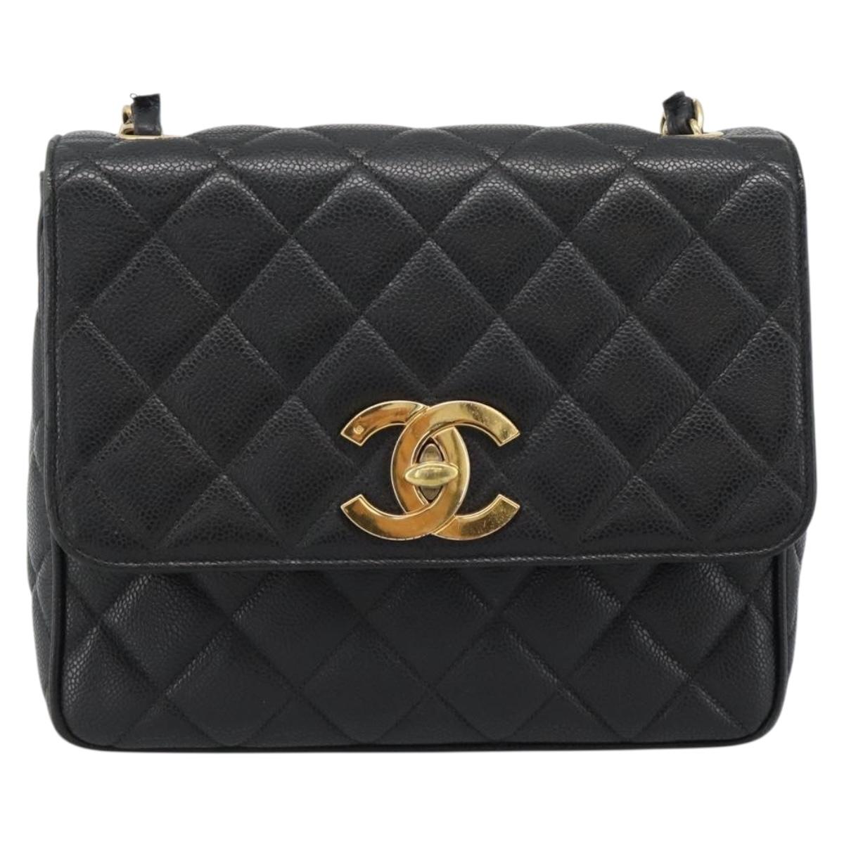 CHANEL Chain Matelasse Shoulder Bag Caviar Skin Black Gold CC Auth 186150V