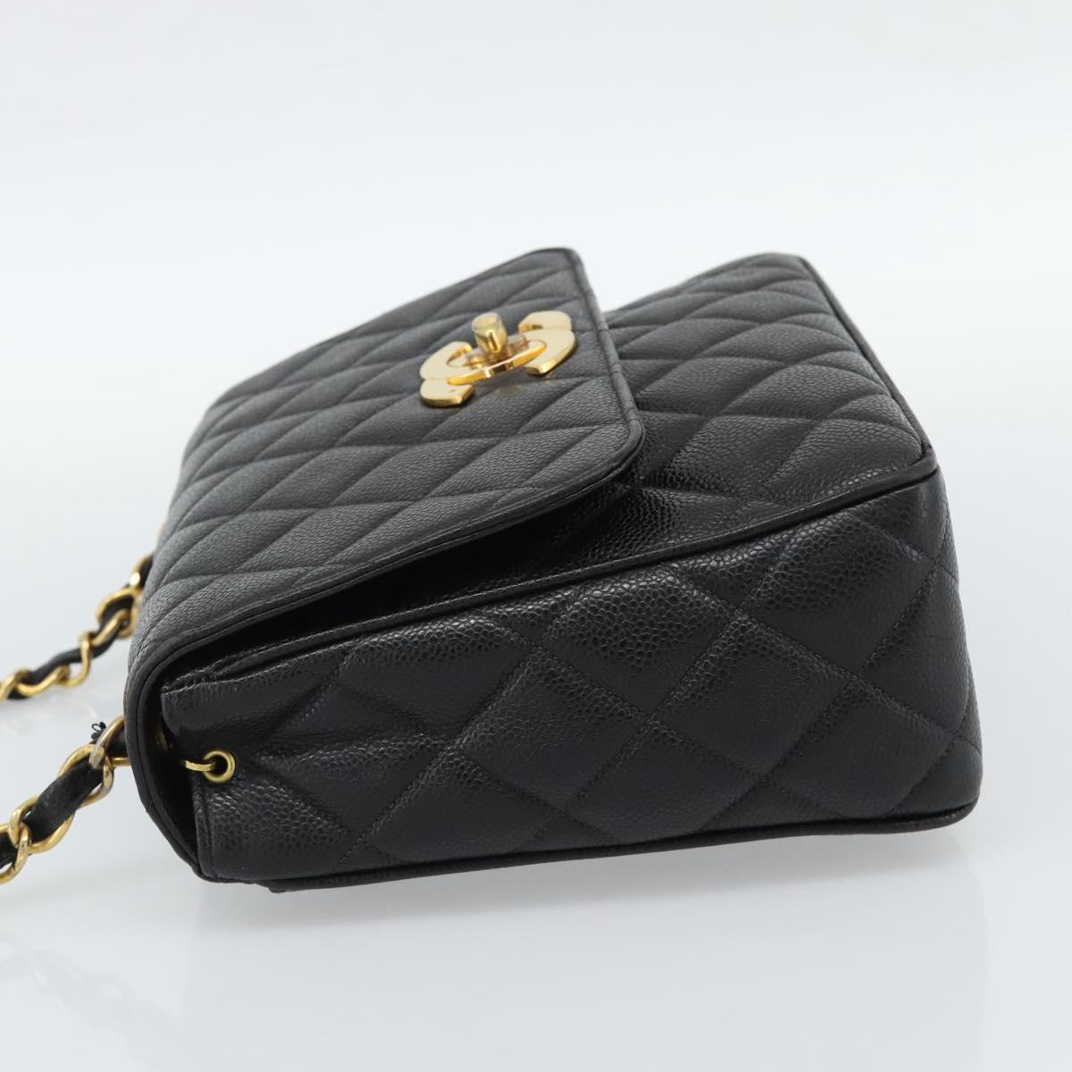 CHANEL Chain Matelasse Shoulder Bag Caviar Skin Black Gold CC Auth 186150V