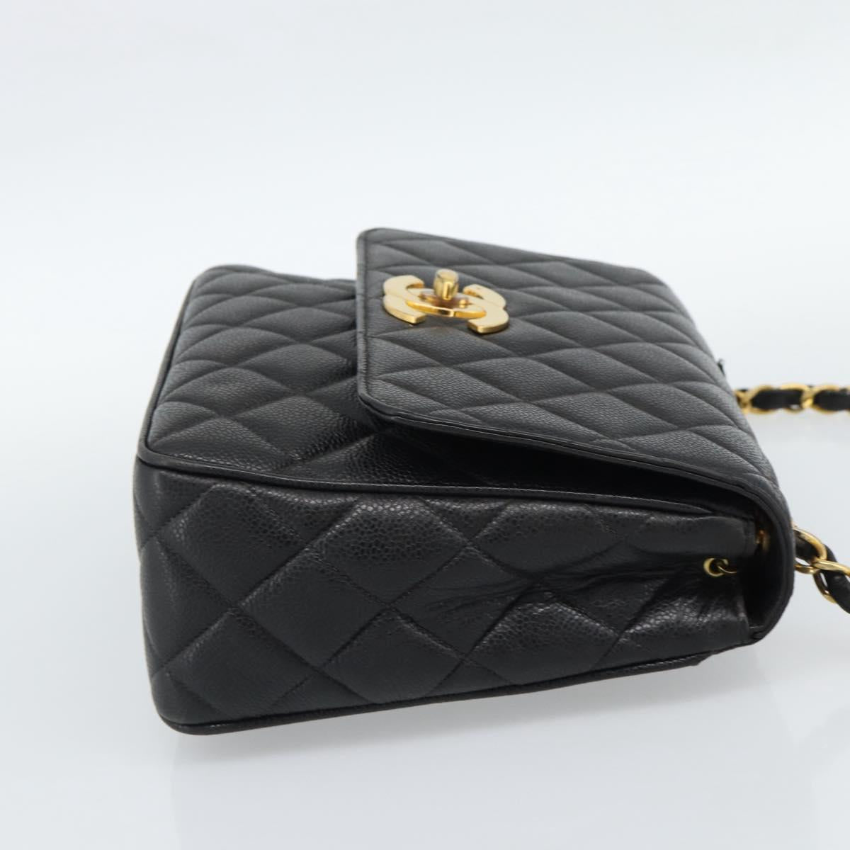CHANEL Chain Matelasse Shoulder Bag Caviar Skin Black Gold CC Auth 186150V