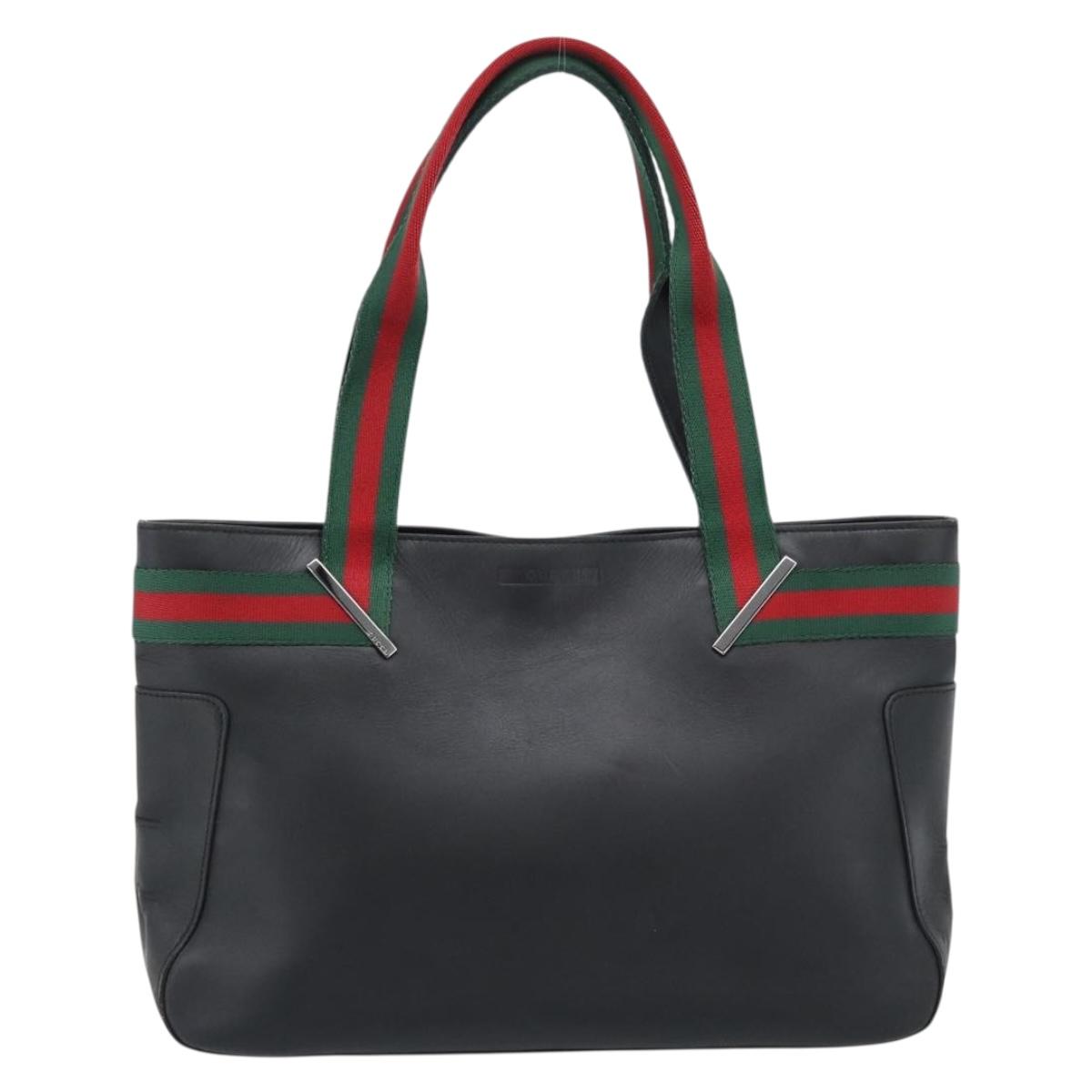 GUCCI Web Sherry Line Tote Bag Leather Black Silver Red 73983 Auth 186196A