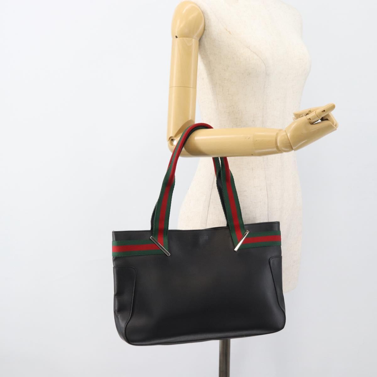 GUCCI Web Sherry Line Tote Bag Leather Black Silver Red 73983 Auth 186196A