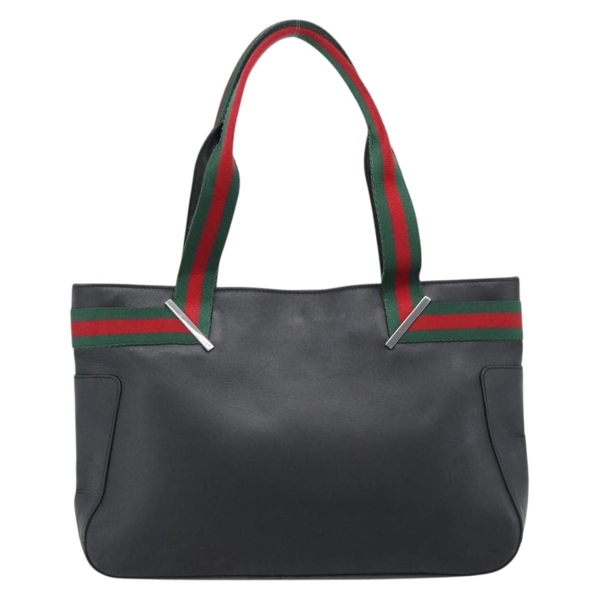 GUCCI Web Sherry Line Tote Bag Leather Black Silver Red 73983 Auth 186196A