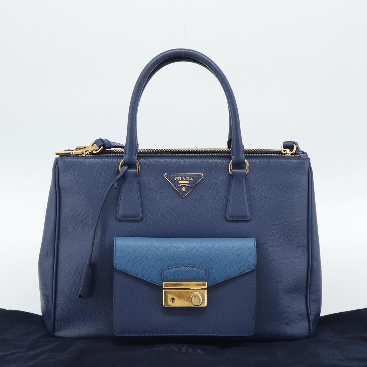 PRADA Hand Bag Saffiano leather 2way Blue Gold Auth 186202M