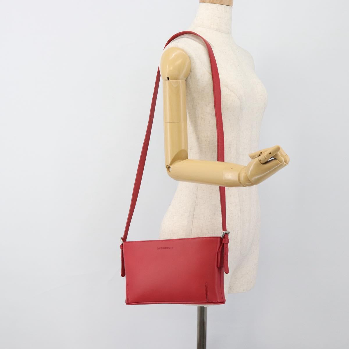 BURBERRY Shoulder Bag Leather Red Silver Auth 186215A