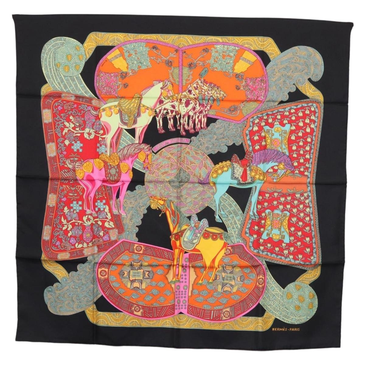HERMES Carre 90 Scarf ""ART des STEPPES"" Silk Black Auth 186251M