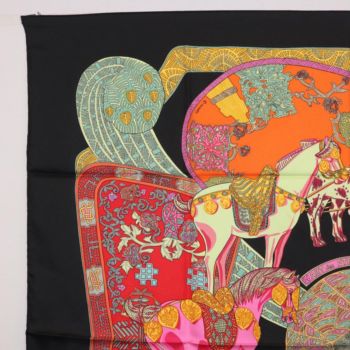 HERMES Carre 90 Scarf ""ART des STEPPES"" Silk Black Auth 186251M