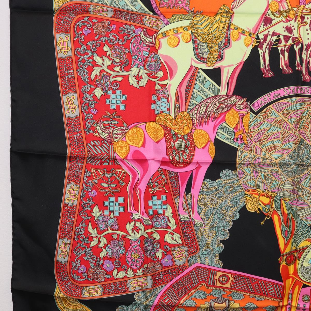 HERMES Carre 90 Scarf ""ART des STEPPES"" Silk Black Auth 186251M