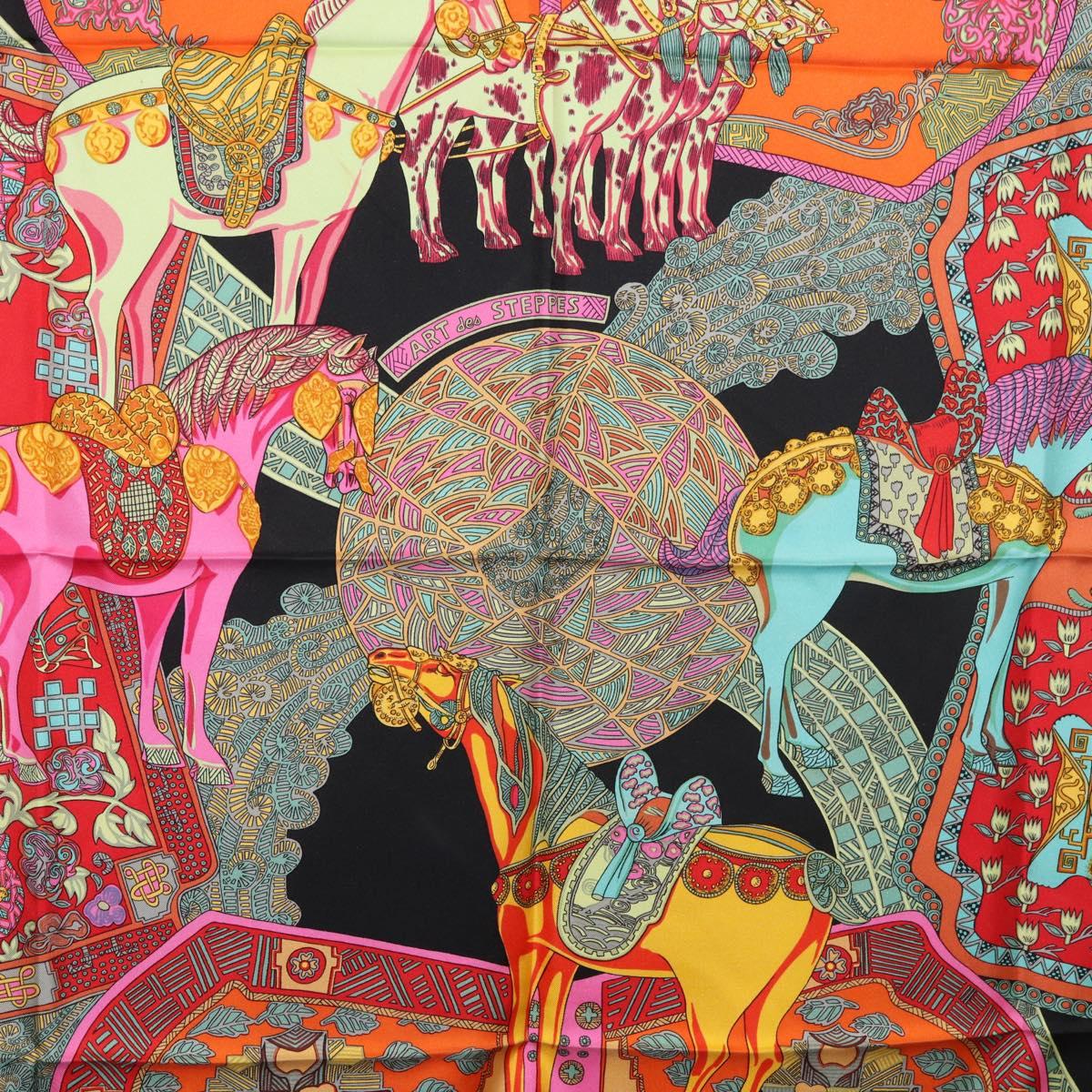 HERMES Carre 90 Scarf ""ART des STEPPES"" Silk Black Auth 186251M