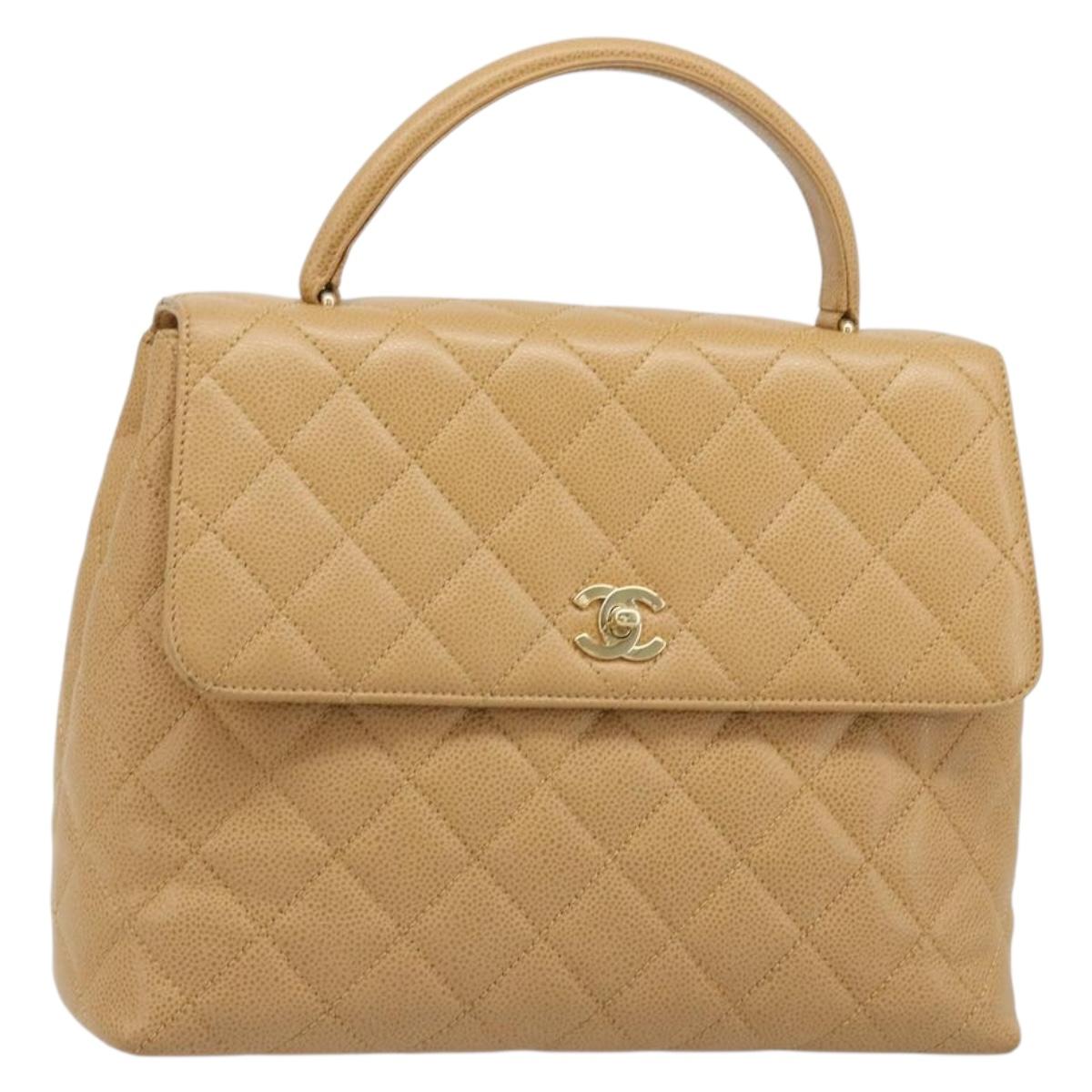 CHANEL Matelasse Hand Bag Caviar Skin Beige Gold CC Auth 186257V