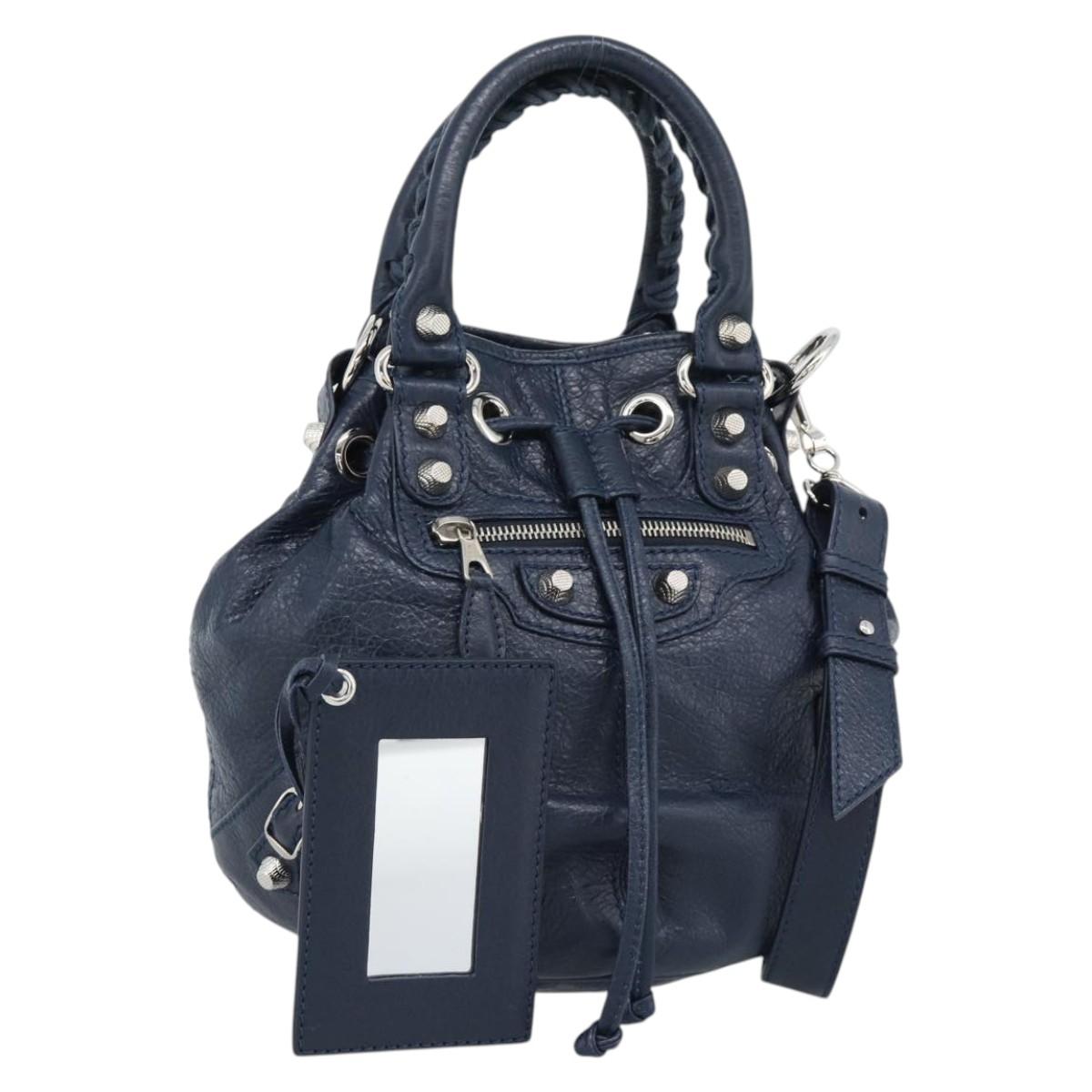 BALENCIAGA Giant Mini Pom Pom Hand Bag Leather 2way Navy Silver Auth 186261SM