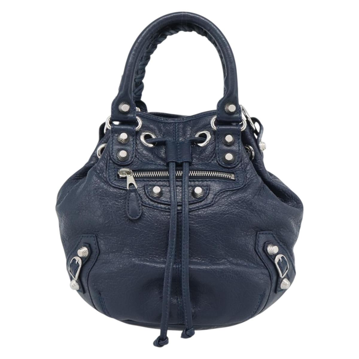 BALENCIAGA Giant Mini Pom Pom Hand Bag Leather 2way Navy Silver Auth 186261SM