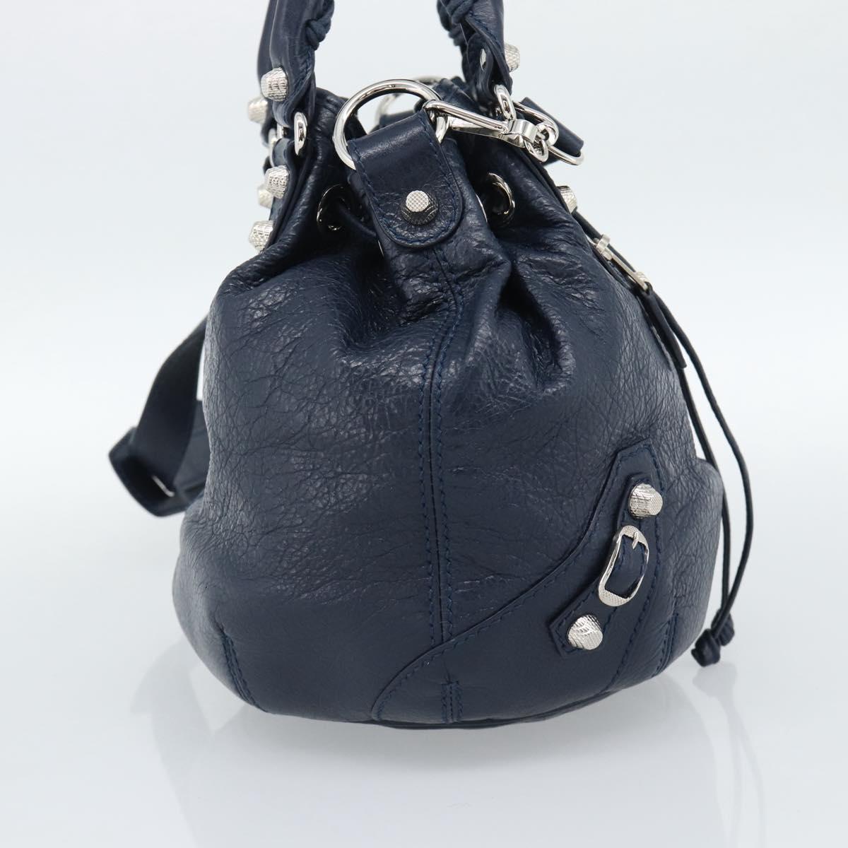 BALENCIAGA Giant Mini Pom Pom Hand Bag Leather 2way Navy Silver Auth 186261SM