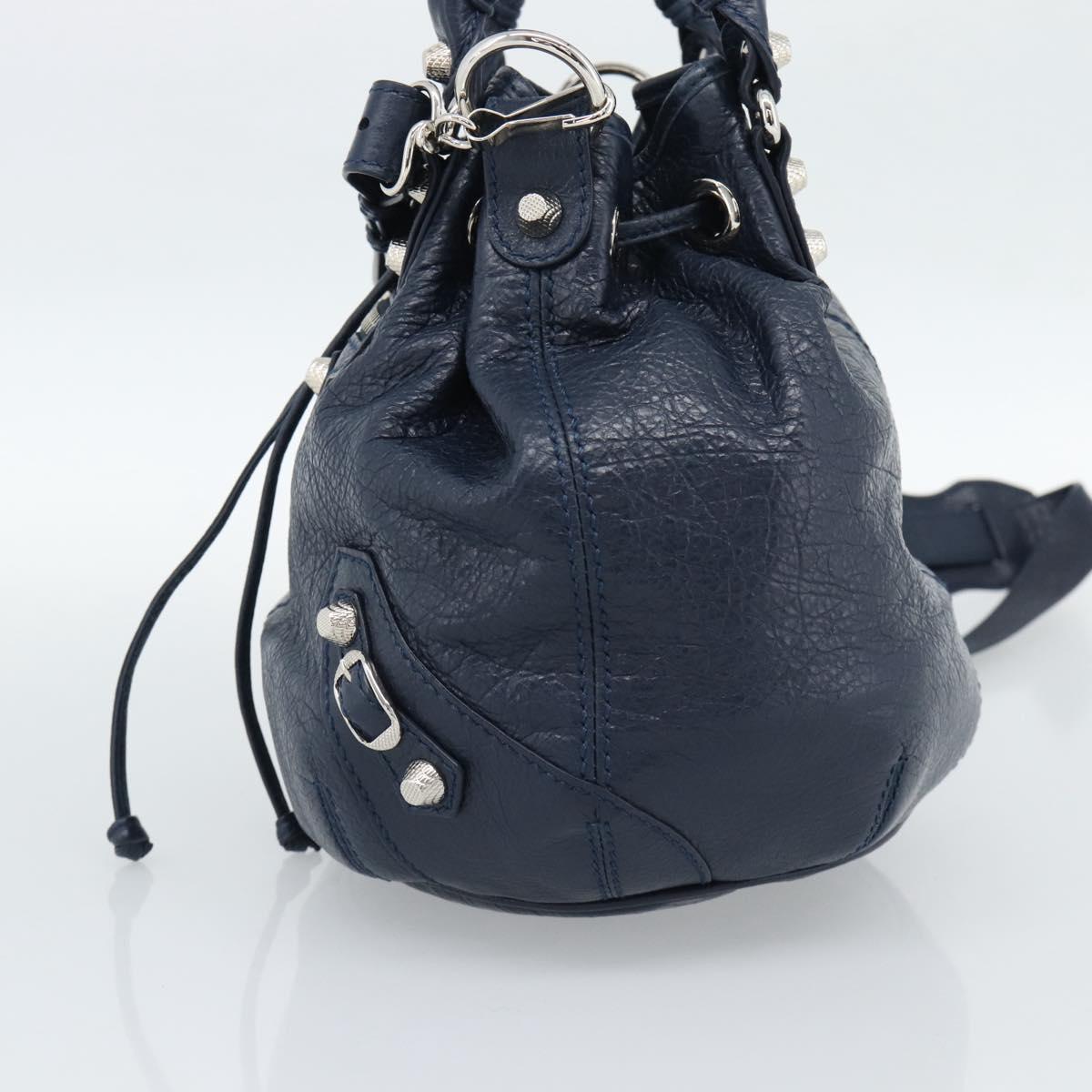 BALENCIAGA Giant Mini Pom Pom Hand Bag Leather 2way Navy Silver Auth 186261SM