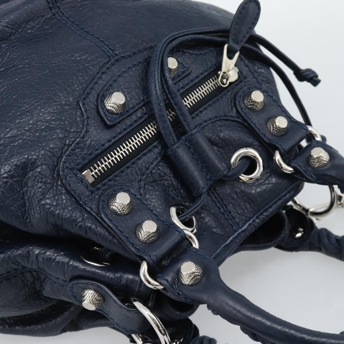 BALENCIAGA Giant Mini Pom Pom Hand Bag Leather 2way Navy Silver Auth 186261SM