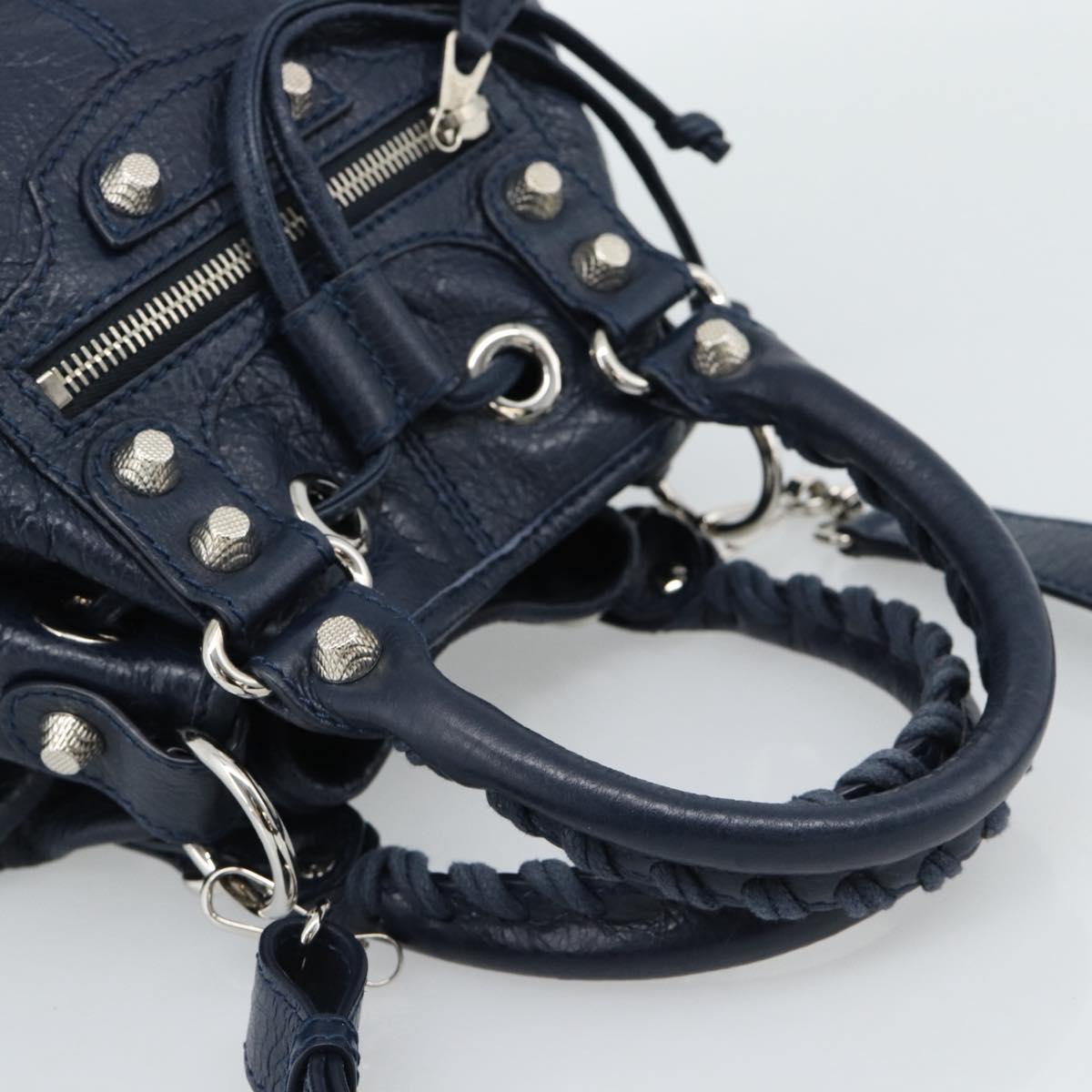 BALENCIAGA Giant Mini Pom Pom Hand Bag Leather 2way Navy Silver Auth 186261SM