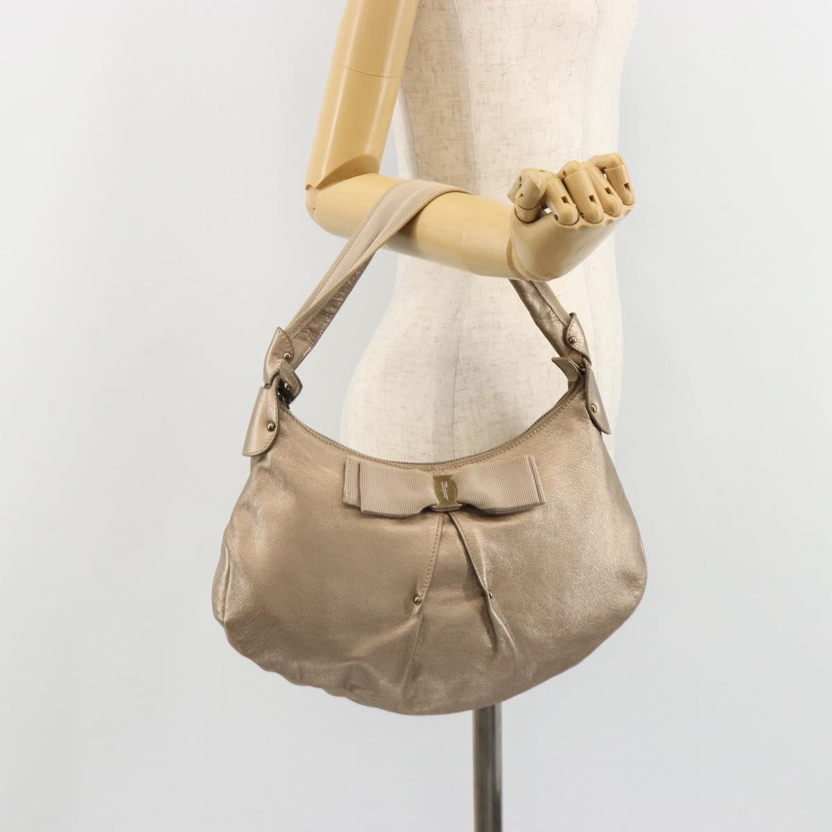 Salvatore Ferragamo Vala Shoulder Bag Leather Champagne Gold Gold Auth 186269A