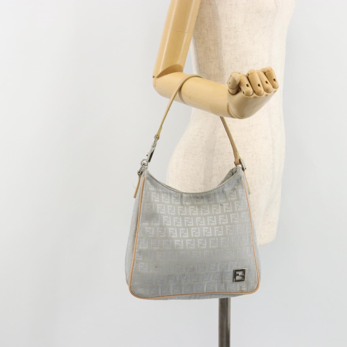 FENDI Zucchino Canvas Shoulder Bag Light Blue Silver Auth 186294A