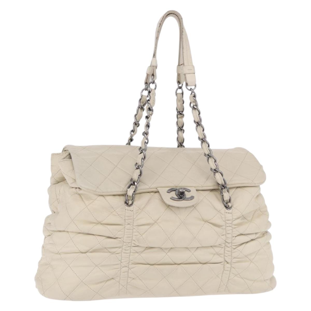 CHANEL Chain Matelasse Shoulder Bag Lamb Skin Ivory Silver CC Auth 186310