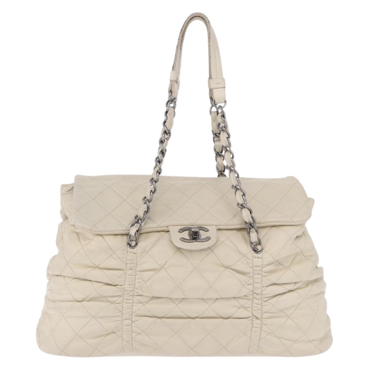 CHANEL Chain Matelasse Shoulder Bag Lamb Skin Ivory Silver CC Auth 186310