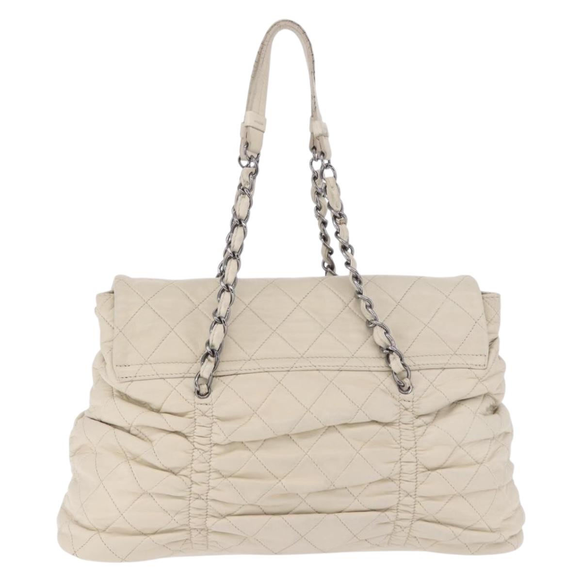 CHANEL Chain Matelasse Shoulder Bag Lamb Skin Ivory Silver CC Auth 186310