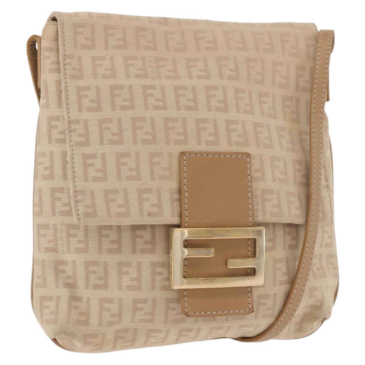 FENDI Zucchino Canvas Mamma Baguette Shoulder Bag Beige Gold Auth 186319A