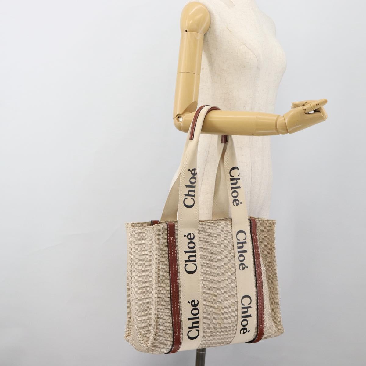 Chloe Woody Tote Bag Canvas Beige Auth 186322A