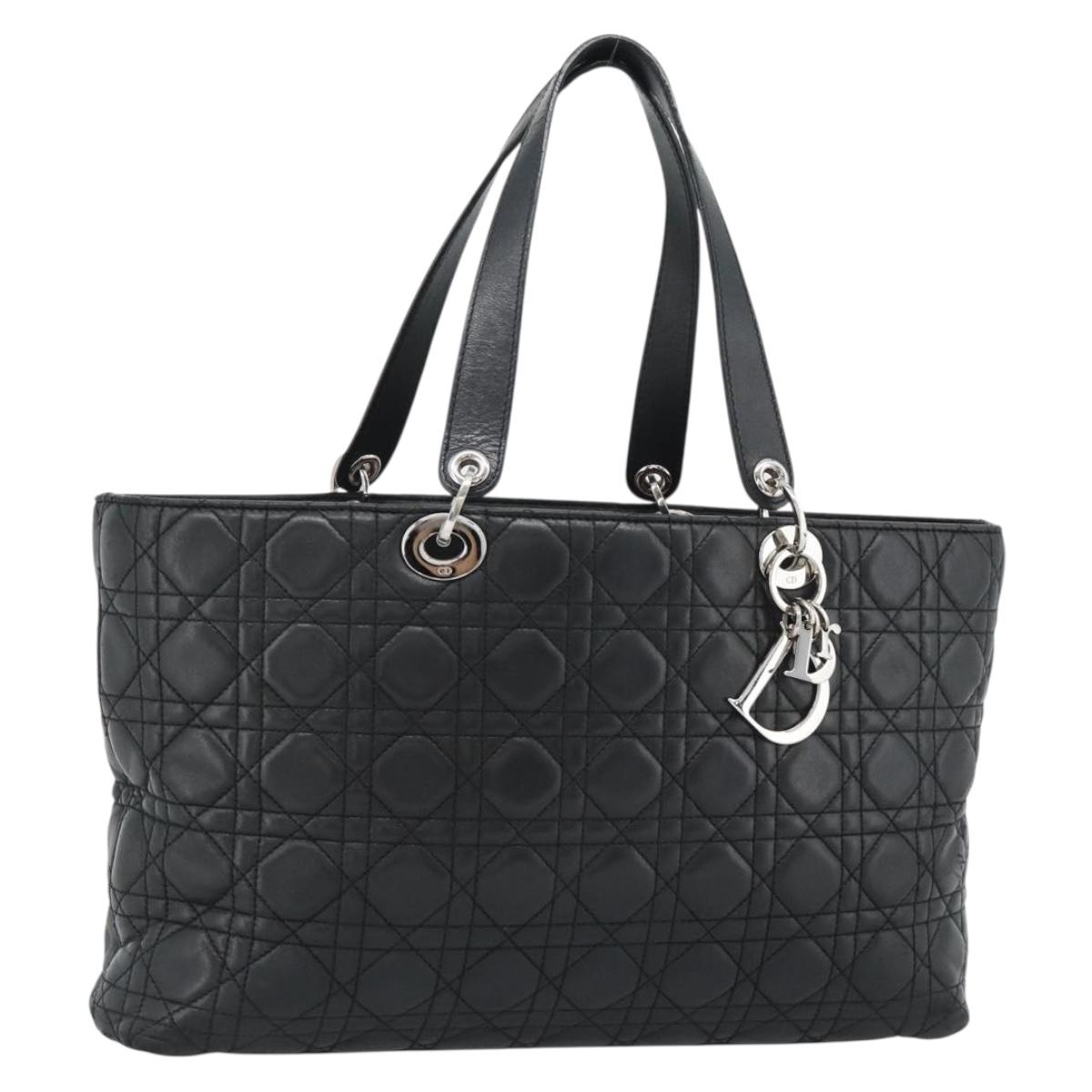Christian Dior Large Shopper Canage Tote Bag Lamb Skin Black Silver Auth 186330A