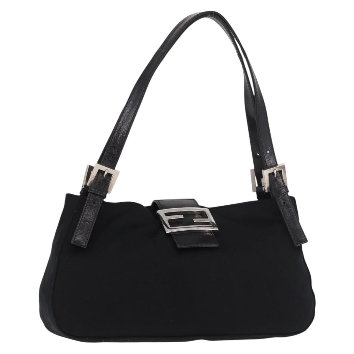 FENDI Mamma Baguette Shoulder Bag Cotton jersey Black Silver Auth 186336