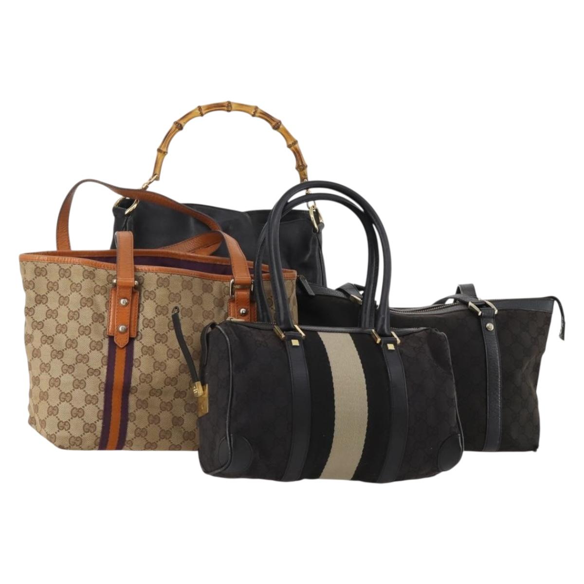 GUCCI GG Canvas Sherry Line Bamboo Bag Leather 4 Set Beige Black Auth 186361