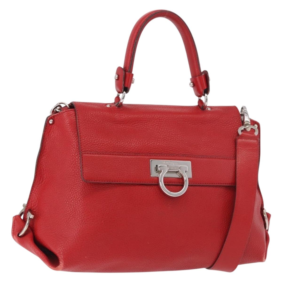 Salvatore Ferragamo Sofia Gancini Hand Bag Leather 2way Red Silver Auth 186373A