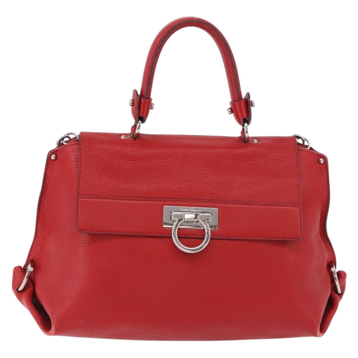 Salvatore Ferragamo Sofia Gancini Hand Bag Leather 2way Red Silver Auth 186373A