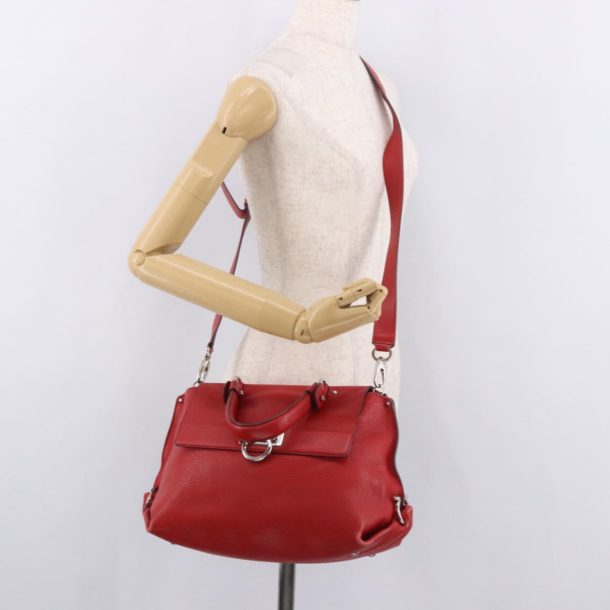 Salvatore Ferragamo Sofia Gancini Hand Bag Leather 2way Red Silver Auth 186373A