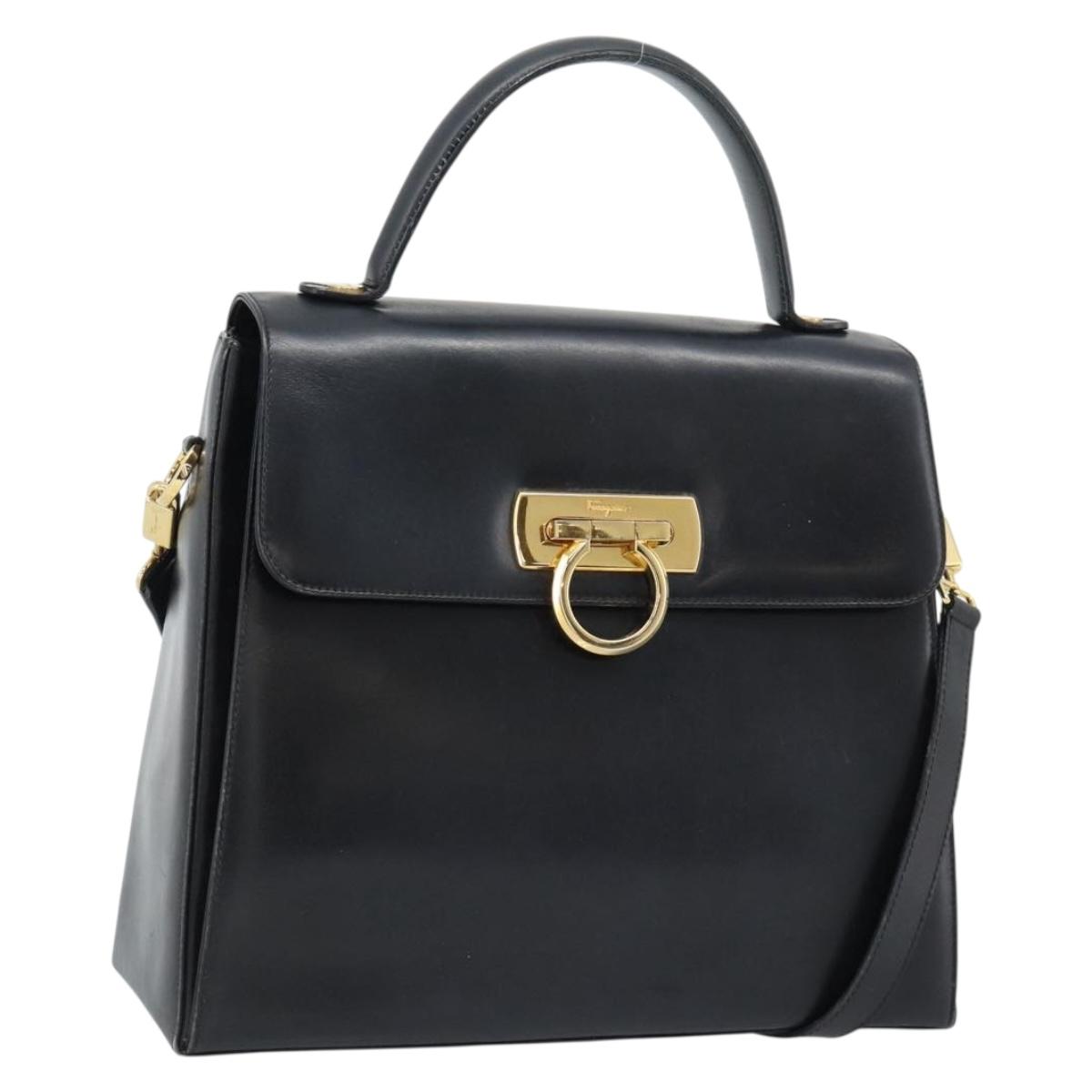 Salvatore Ferragamo Gancini Hand Bag Leather 2way Black Gold Auth 186374