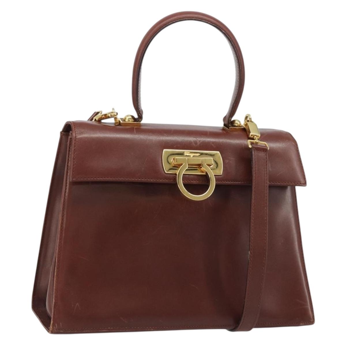 Salvatore Ferragamo Gancini Hand Bag Leather 2way Brown Gold Auth 186375