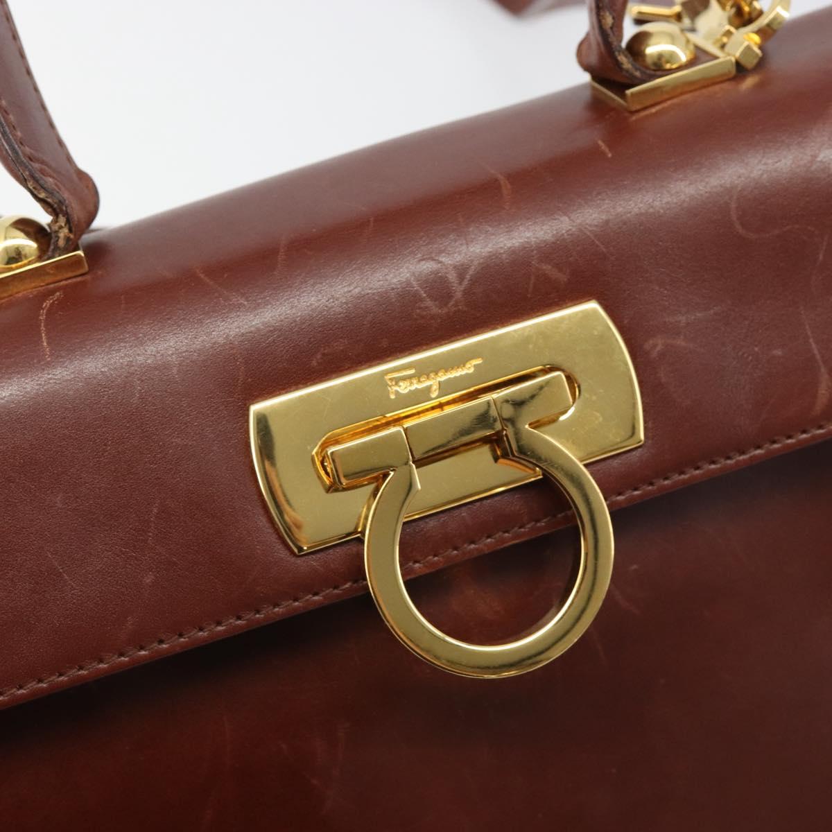 Salvatore Ferragamo Gancini Hand Bag Leather 2way Brown Gold Auth 186375