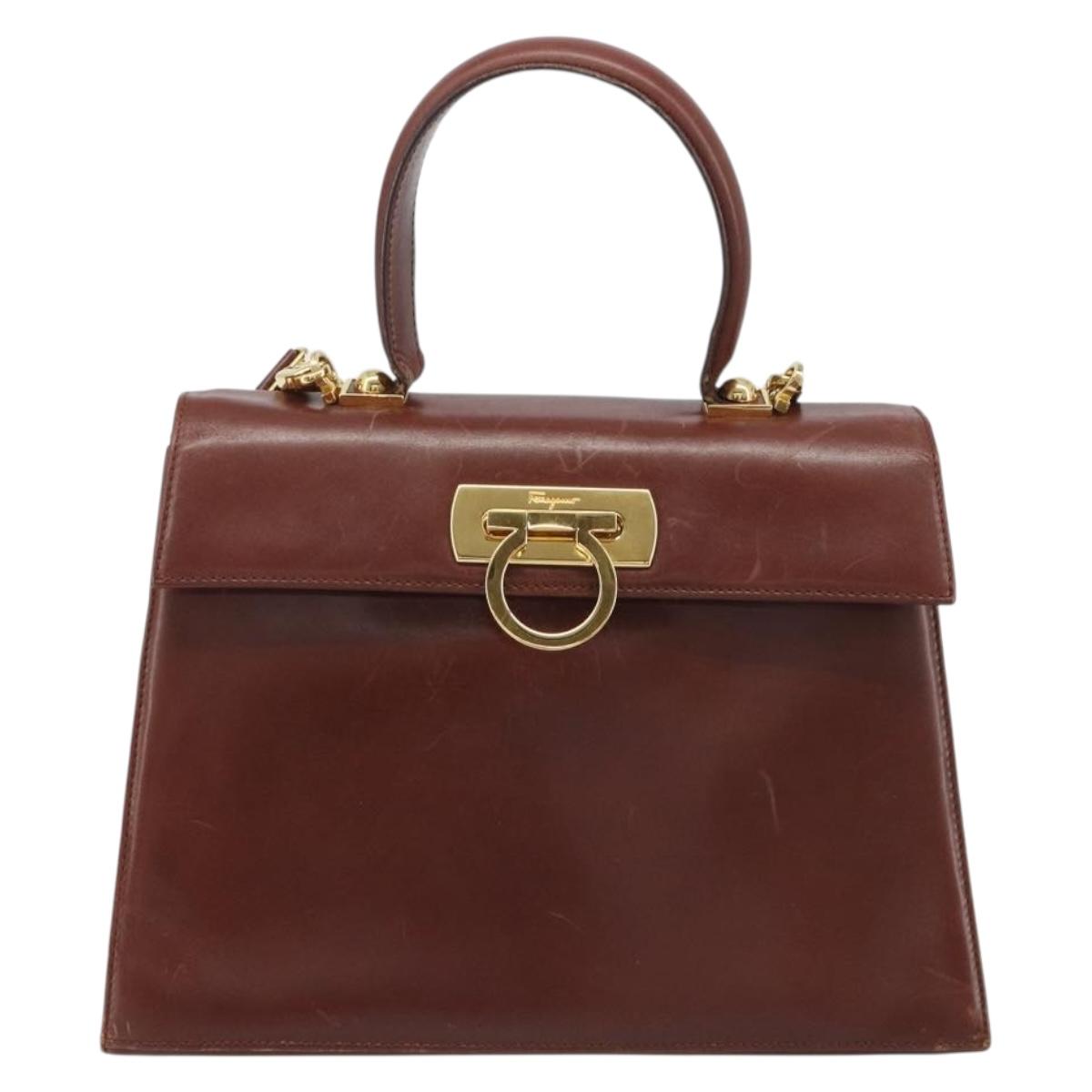 Salvatore Ferragamo Gancini Hand Bag Leather 2way Brown Gold Auth 186375