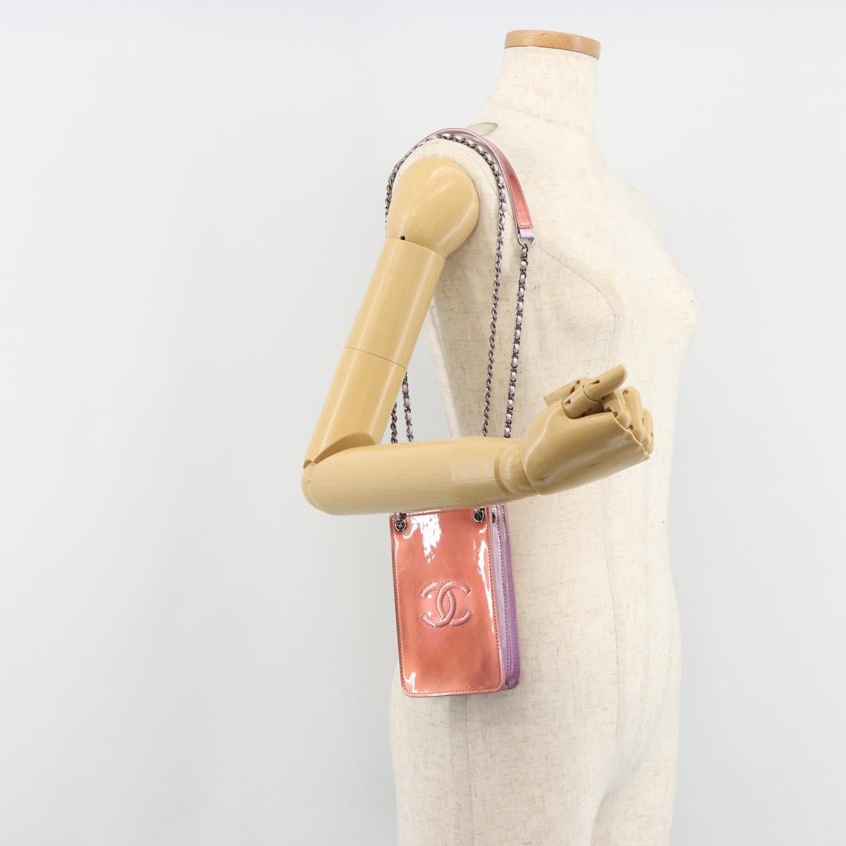 CHANEL Chain Shoulder Bag Patent Leather Pink Silver CC Auth 186401A