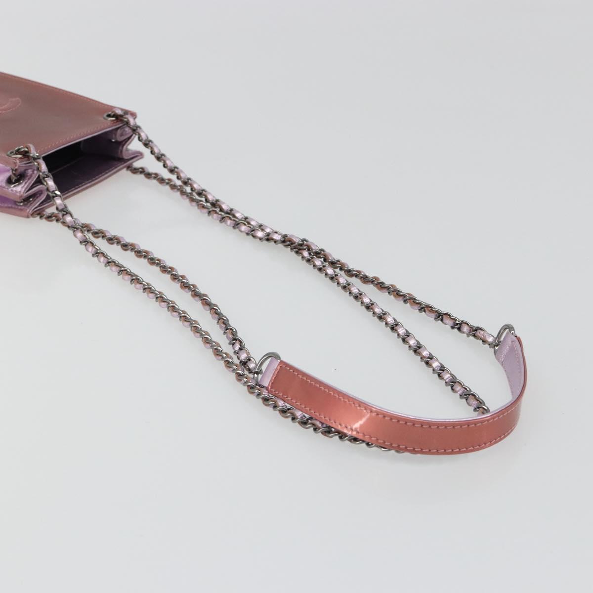 CHANEL Chain Shoulder Bag Patent Leather Pink Silver CC Auth 186401A