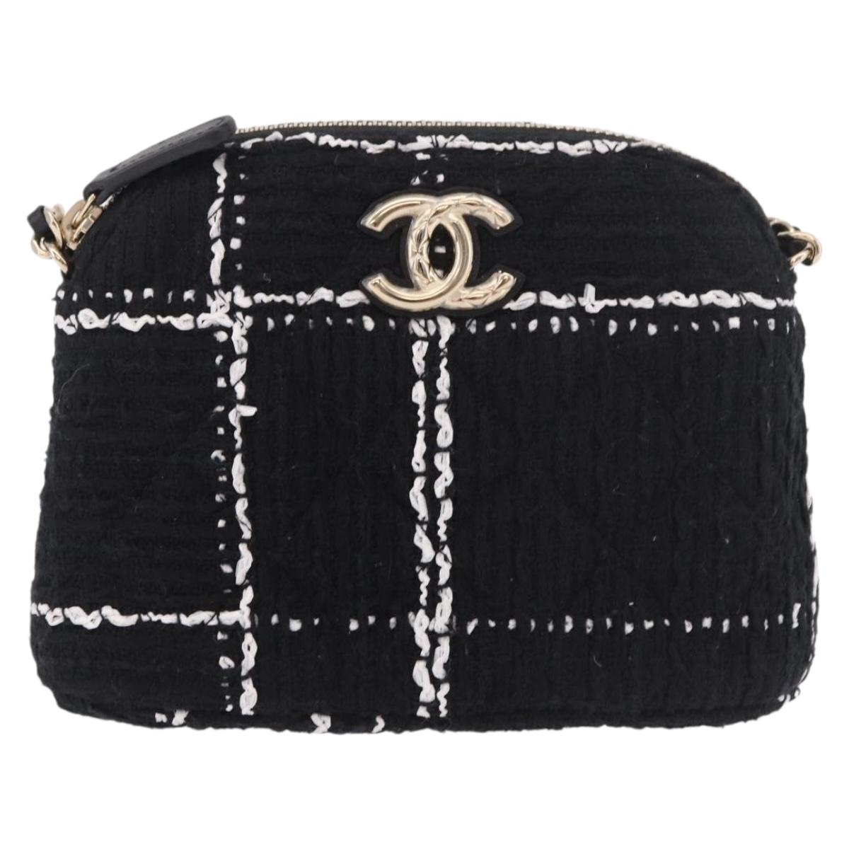 CHANEL Matelasse Chain Shoulder Bag Tweed Black Gold CC Auth 186402M