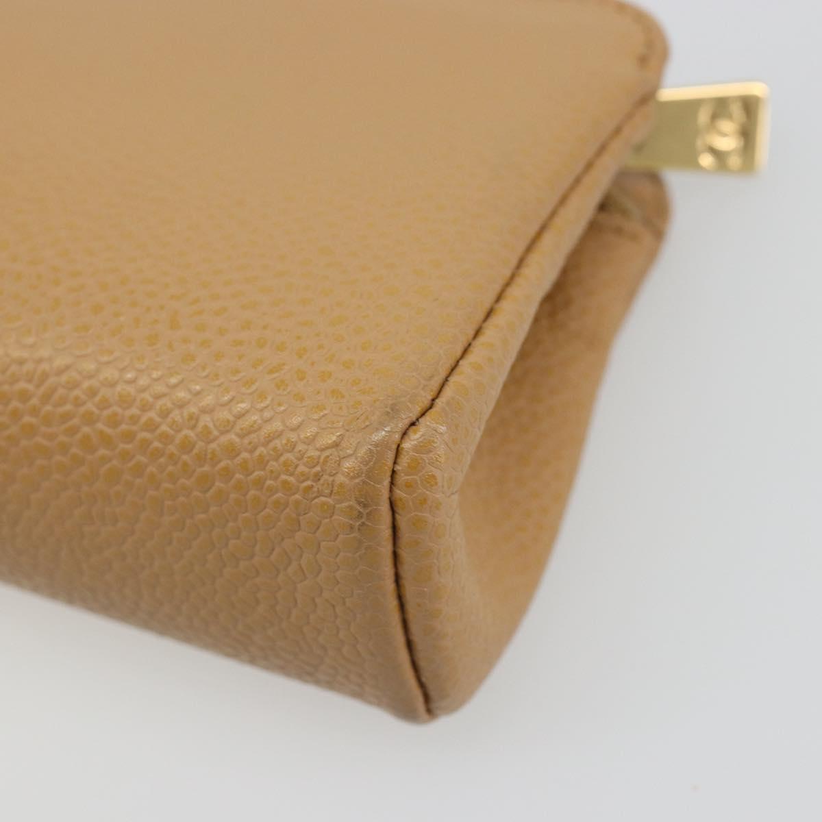 CHANEL COCO Mark Cosmetic Pouch Caviar Skin Beige Gold CC Auth 186407