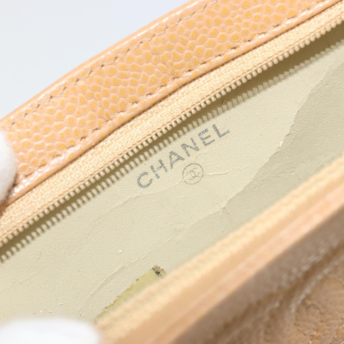 CHANEL COCO Mark Cosmetic Pouch Caviar Skin Beige Gold CC Auth 186407
