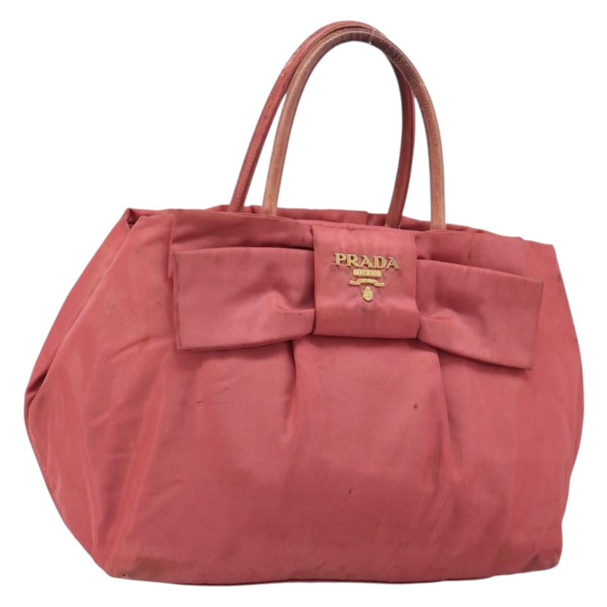 PRADA Ribbon Hand Bag Nylon Pink Gold Auth 186427